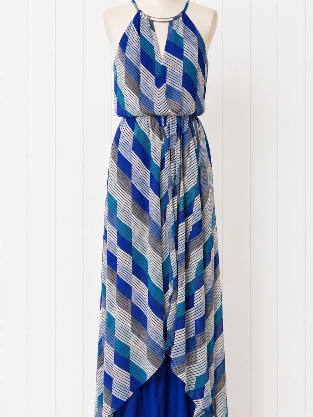 Blue Geo-Print Halter Maxi Dress